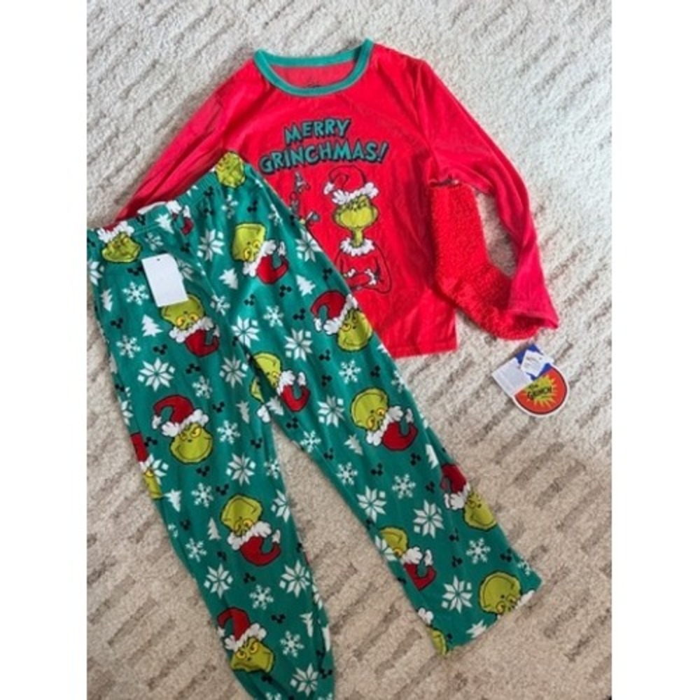 Dr Seuss The Grinch Kids Pajama Set 3pc Red Green Merry Grinchmas Size 8 NEW